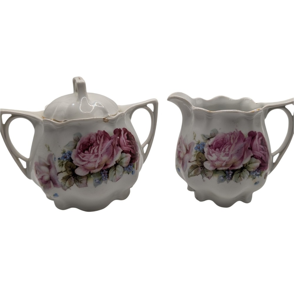 Vintage Cream and Lidded Sugar Set Floral Rose Scalloped Germany Mid Century SEE